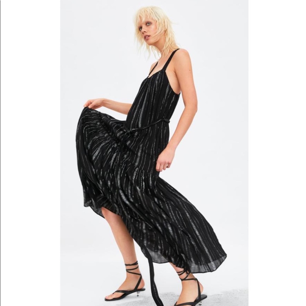 NWT ZARA black silver metallic boho summer gauze maxi dress XS
